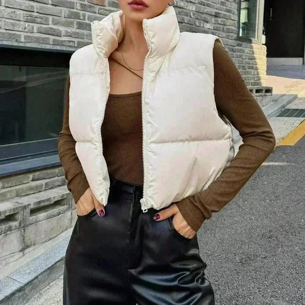 Beige Casual Women's White Sleeveless Padded Coat